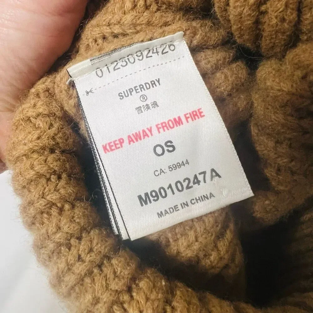Superdry Brown Winter Beanie Hat Wool Nylon One Size Unisex